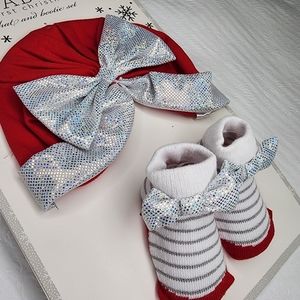 Baby Hat and Booties Set Scarlett Red and Silver Infant Size 0-6 Months NWT